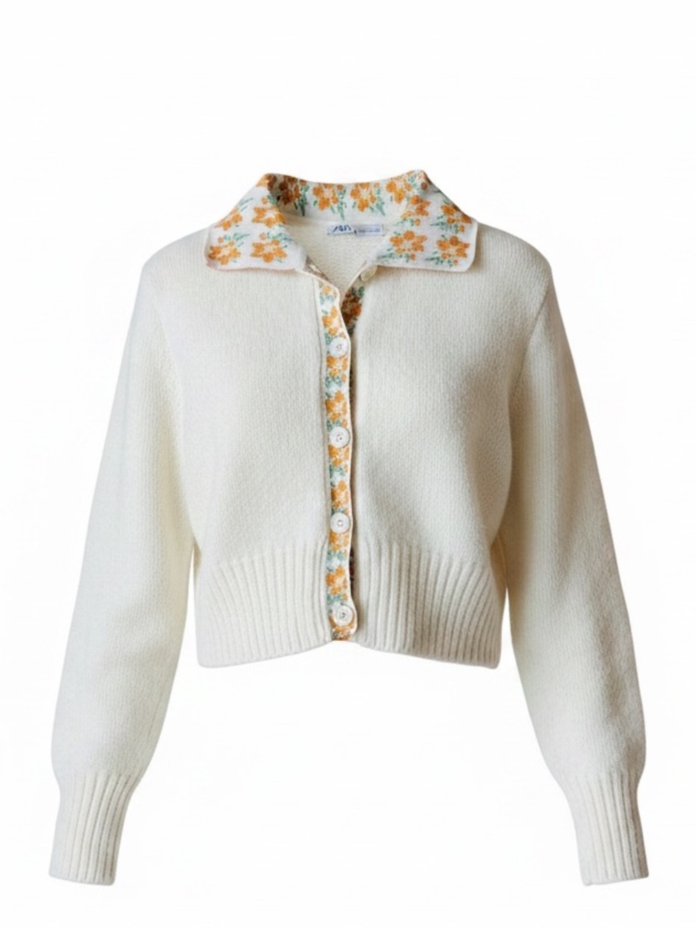 Zara Cream Cropped Cardigan with Orange Floral Trim